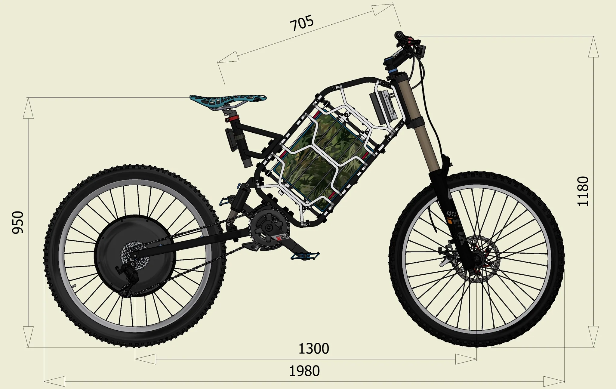 Technický výkres bicykla CrossLand X s hlavnými rozmermi — zväčšený pohľad